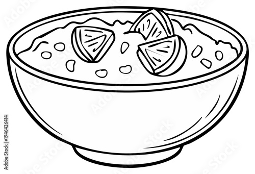 Bowl of oatmeal with orange slices, vector illustration, outline