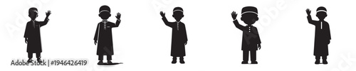 vector silhouette of a muslim little boy standing waving his hand