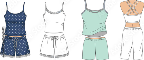 Four different styles of sleeveless tops and shorts outfits with various colors and patterns sleeveless shorts
