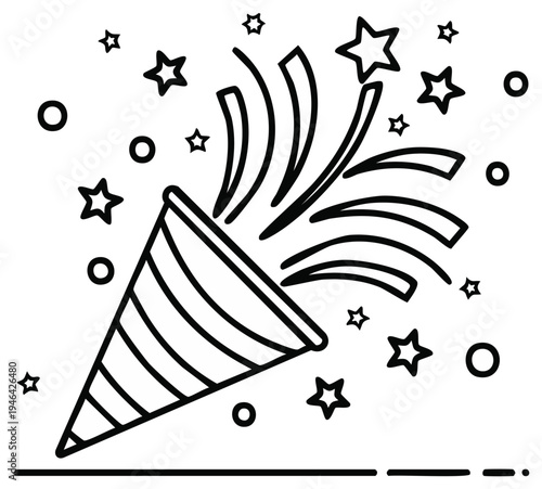 Outline festive party popper exploding with stars and confetti for holiday celebration or birthday