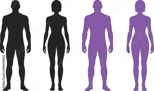 Four human silhouettes in black and purple colors front and back view human figures front view