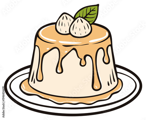 Delicious creamy pudding dessert topped with nuts and a fresh green leaf on a plate