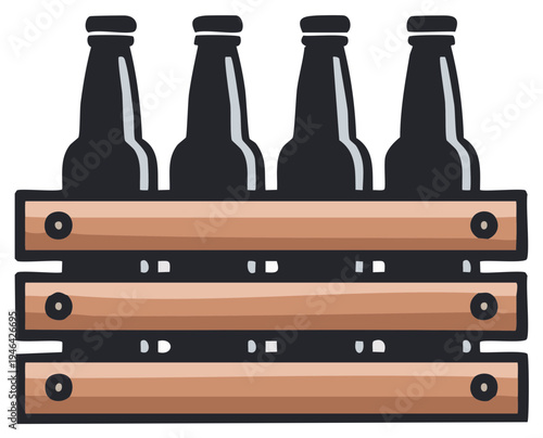 Four Dark Beer Bottles in a Rustic Wooden Crate