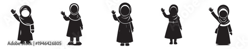 vector silhouette of a muslim little girl standing waving her hand