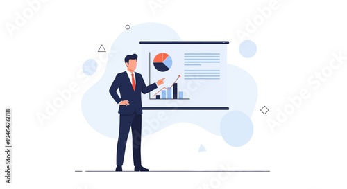 Businessman presenting financial report with charts and graphs on a screen