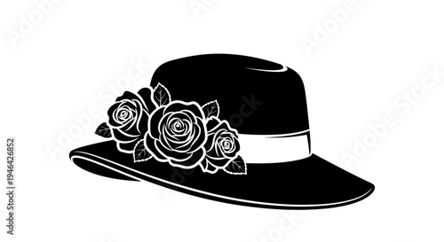 Black hat with white roses decoration.
