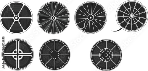 Vintage film reel set, movie cinema tape icons collection, classic filmstrip rolls, filmmaking equipment vector illustration for media production