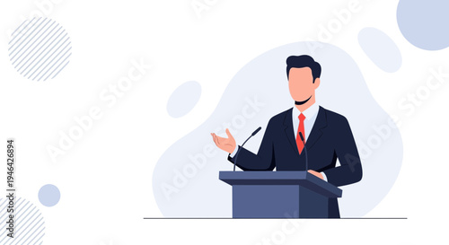 Man in Suit Speaking at Podium with Microphones, Business Presentation
