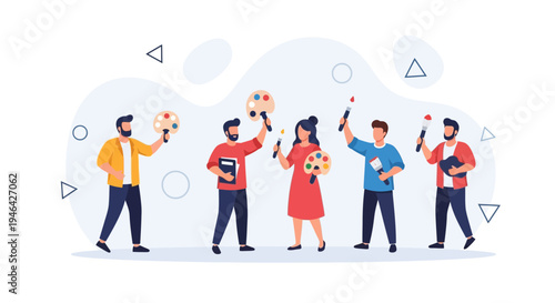 Diverse artists holding paint palettes and brushes, creative team, art class, illustration