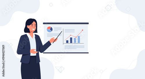 Businesswoman presenting financial charts on a whiteboard, positive growth concept