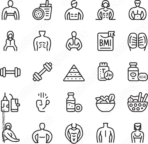 Health and fitness lifestyle icon set. Contain icons related to gym workout, nutrition, healthy food, diet plan, body care, medical health and more. Editable stroke. Vector Illustration.