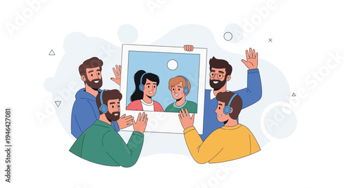 Diverse friends holding photo of couple with headphones, online communication concept