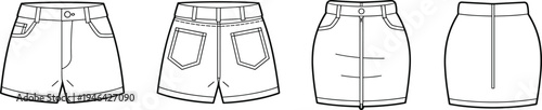 CAD drawing flat vector illustration of women's denim shorts and mini skirt, front and back technical fashion sketch design