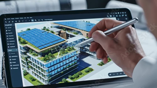 person interacting with digital architectural blueprint on tablet.