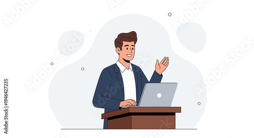 Businessman giving presentation at podium with laptop, public speaking concept