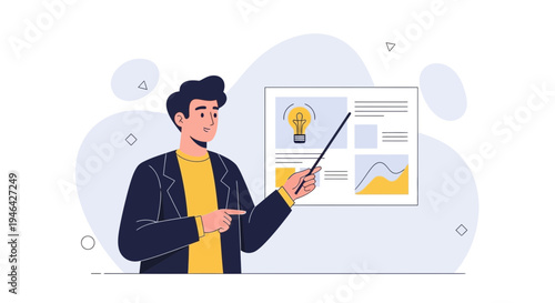 Man presenting idea on whiteboard with lightbulb and graphs, business presentation concept