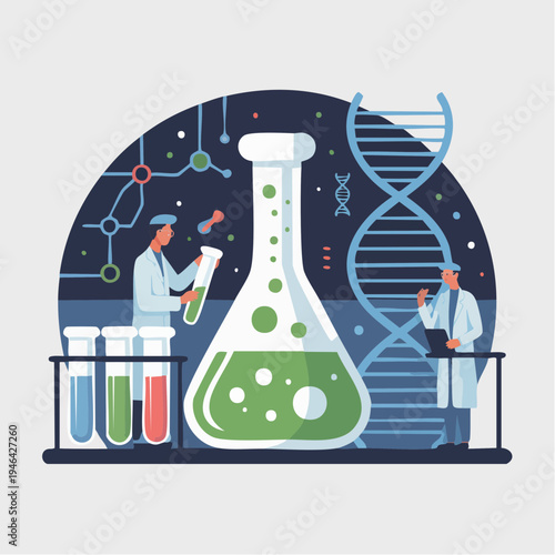 Scientists conducting experiments in a laboratory with a large flask, test tubes, and DNA structure.