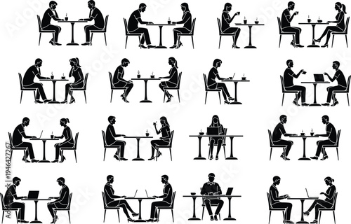 business meeting silhouettes, people talking at table, interview discussion scene, negotiation partners sitting, teamwork communication concept, flat black icon set