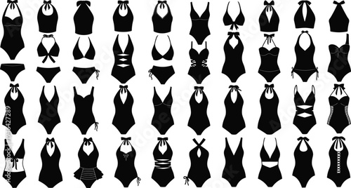 Women swimsuit silhouette collection, one piece bikini set, summer beachwear icons, swimwear fashion illustration, female bathing suit designs