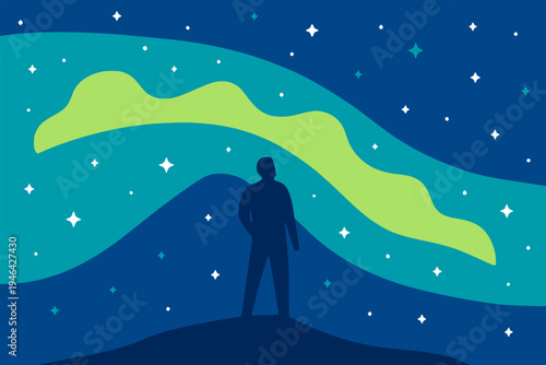 beautiful man on the mountain peak with aurora on the night sky nature landscape view background flat color vector illustration template design