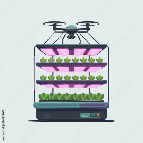 Automated vertical farm with drone for smart agriculture, showing multiple layers of plants growing under LED lights in a controlled environment.
