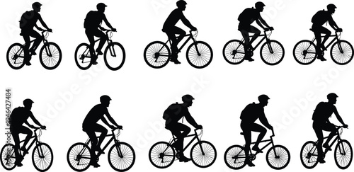 Cyclist silhouette collection, mountain bike riders set, cycling sport illustration, biking activity icons, outdoor adventure cyclists, bicycle rider silhouettes