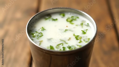 Refreshing Indian Lassi Drink with Herbs in a Metallic Glass on a Wooden Surface