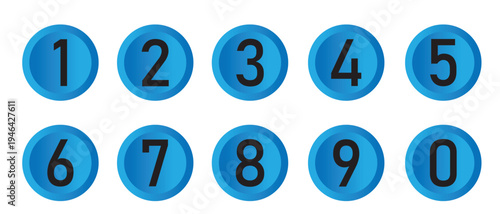 Numbers Counting Blue Vector Button Icon Design Set,Gradient blue circular button with the set of numbers 1-0 on white background.  Set of phone numbers button,Safe lock pin code number symbols.