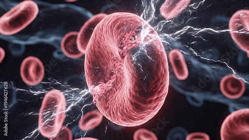 Close Up 3D Medical Animation of Red Blood Cells Flowing With One Cell Breaking Apart Amidst Electrical Energy Pulses