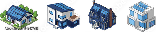 Isometric eco houses, solar panel homes, modern residential architecture, sustainable housing, renewable energy rooftops, smart homes, green building illustration set