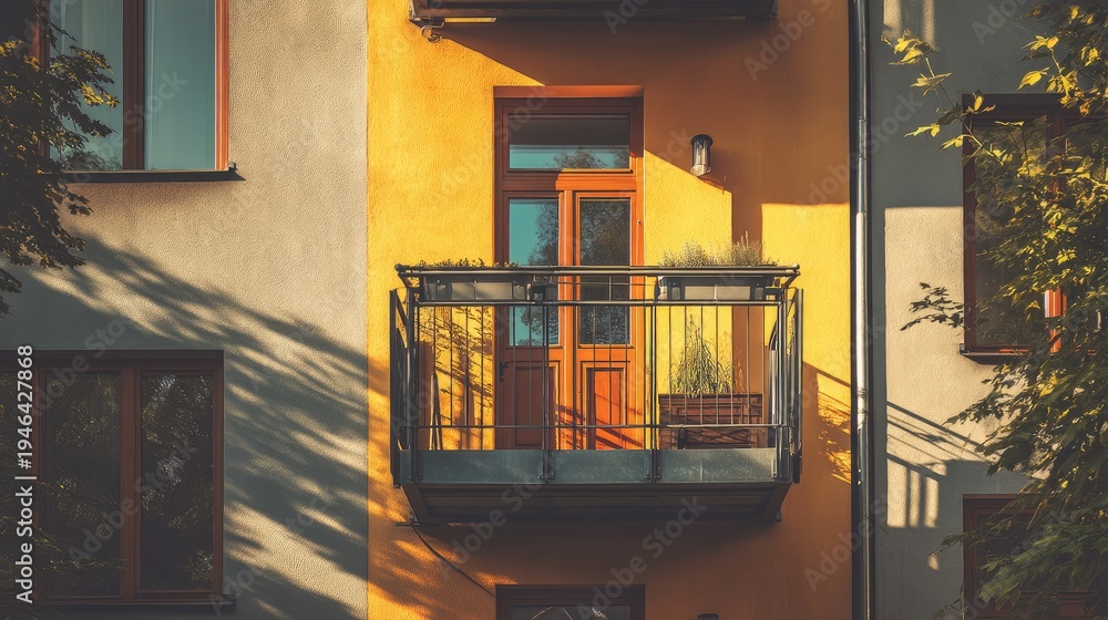 Fototapeta premium Bright Yellow Balcony with Green Plants in Urban Building During Golden Hour in Residential Neighborhood