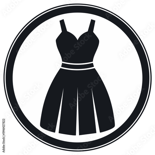 Elegant black sleeveless women's dress icon with pleated skirt and cinched waist in a strong circular frame