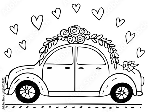 Wedding car with floral decoration and hearts