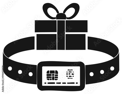 Gift box atop smart watch with credit card terminal and leather band concept