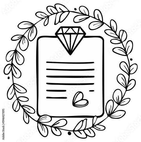Illustrated diamond ring over a document with leaf garland, wedding engagement concept