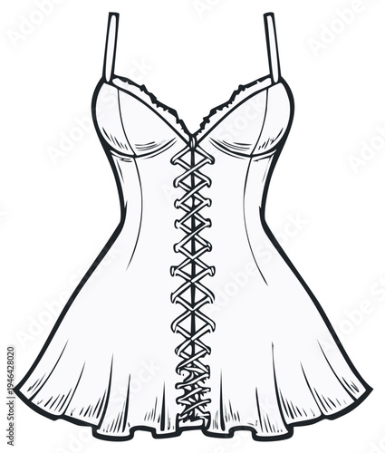 Elegant lingerie illustration of a dress with lace up detail and straps