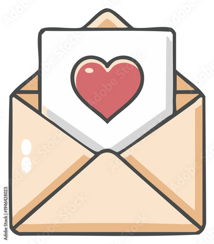 Cute Cartoon Love Letter in an Open Envelope with a Red Heart Romantic Message