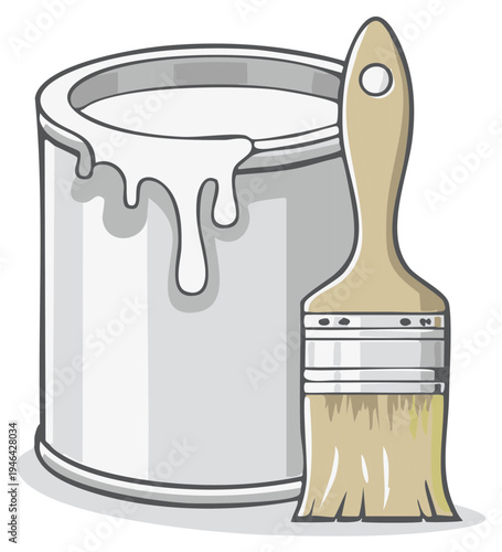 Paint can and brush illustration featuring white color dripping down the side in a cartoon style drawing