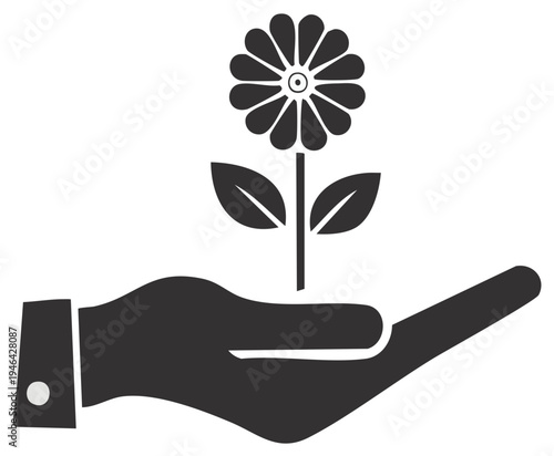 Hand holding a growing flower, care, and nurture symbol