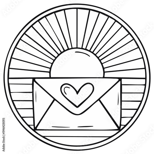 Black and white hand-drawn emblem of an envelope with a heart and a sunburst