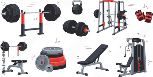Gym fitness equipment collection with barbell dumbbells kettlebell weight plates bench press machine and workout gloves flat vector illustration set