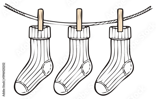 Hand-Drawn Illustration of Socks Hanging from Clothespins on Clothesline for drying
