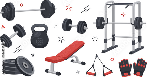Gym fitness equipment set with barbell dumbbell kettlebell bench squat rack weight plates and workout gloves flat vector illustration
