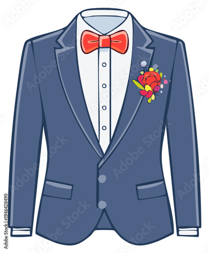 Stylish blue suit with red bow tie and floral boutonniere on a white button-down shirt