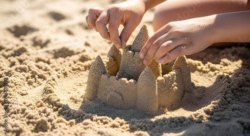 Child carefully building sandcastle on sunny beach creating turrets with sandy hands enjoying summer vacation fun at seaside