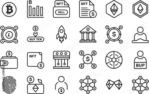 Collection of cryptocurrency and blockchain related icons isolated on transparent background