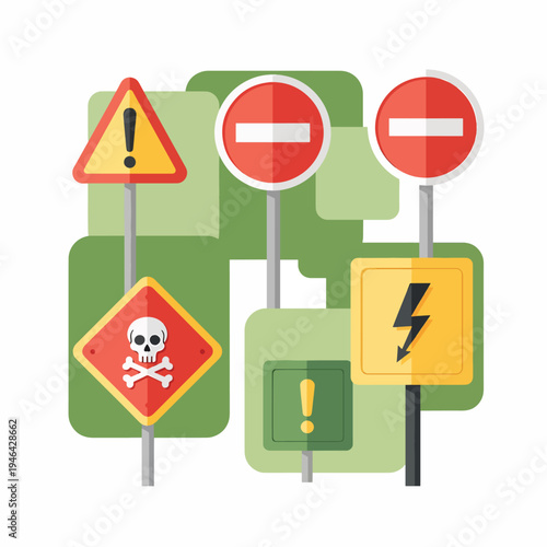 Set of Various Warning and Prohibition Road Signs
