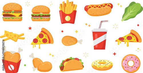Fast food icons set with burger fries hot dog pizza donut taco fried chicken and soda drink flat vector illustration