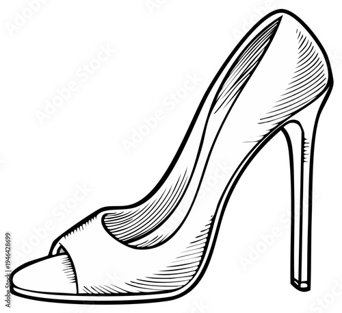 Elegant Peep Toe Stiletto High Heel Shoe Outline Drawing
