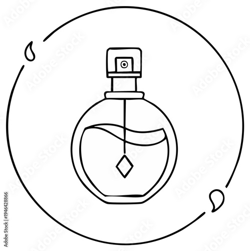 Elegant round perfume bottle with diamond charm in minimalist line art circle design